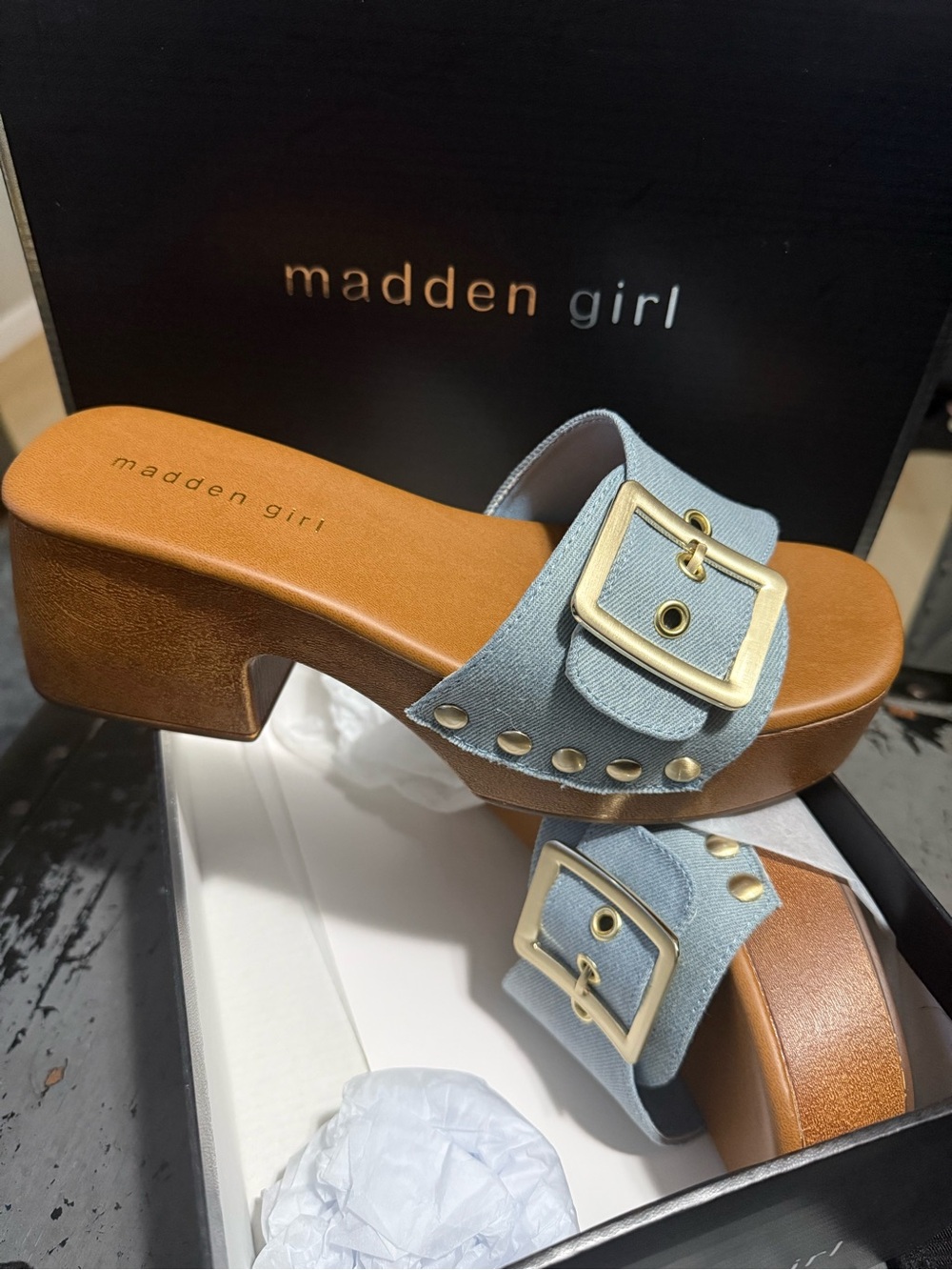 Madden Girl Light Blue Buckle Platform Slide Mules